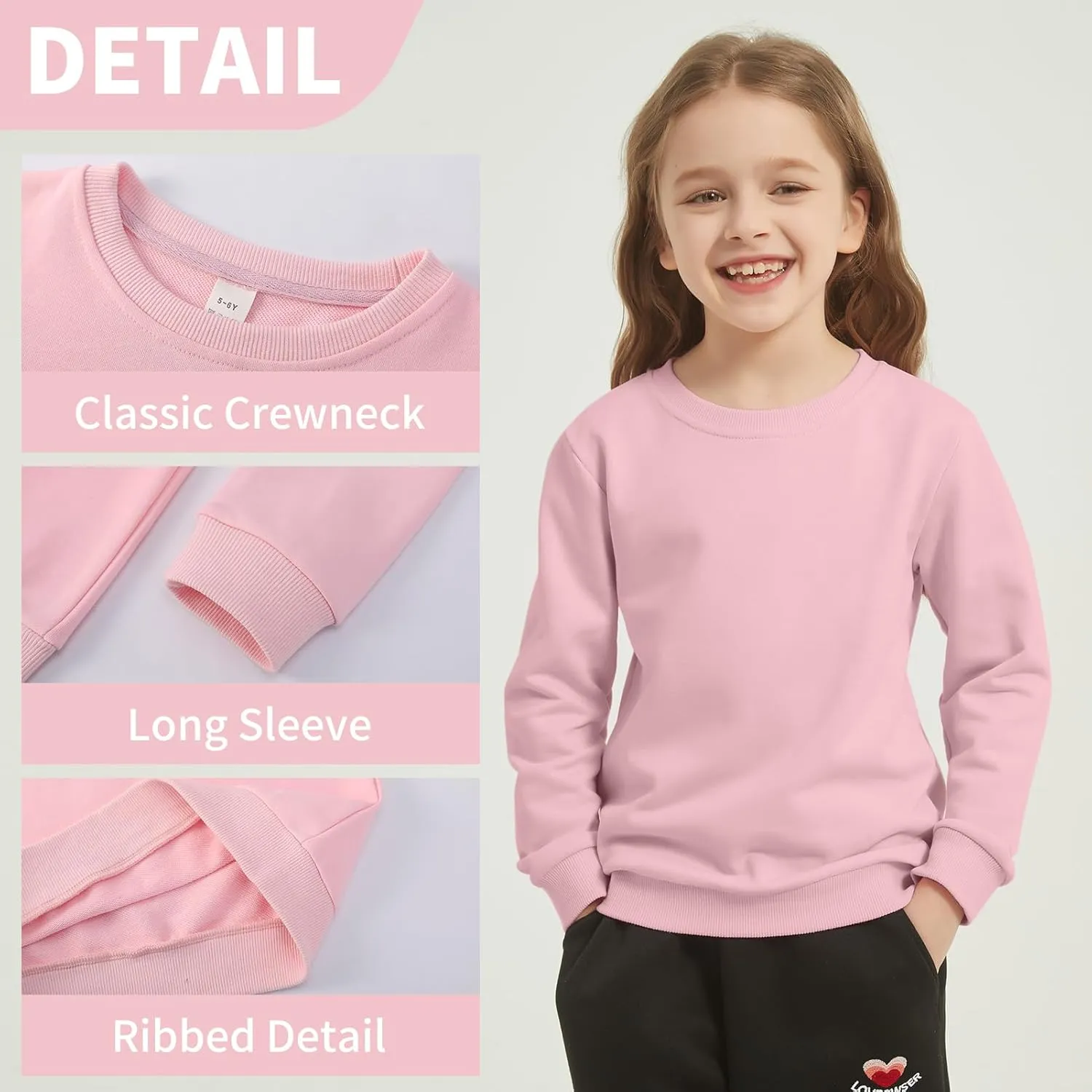 2-Pack Unisex Kids Crewneck Sweatshirt Long Sleeve Cotton Pullover Tops For Boys and Girls(Thin)