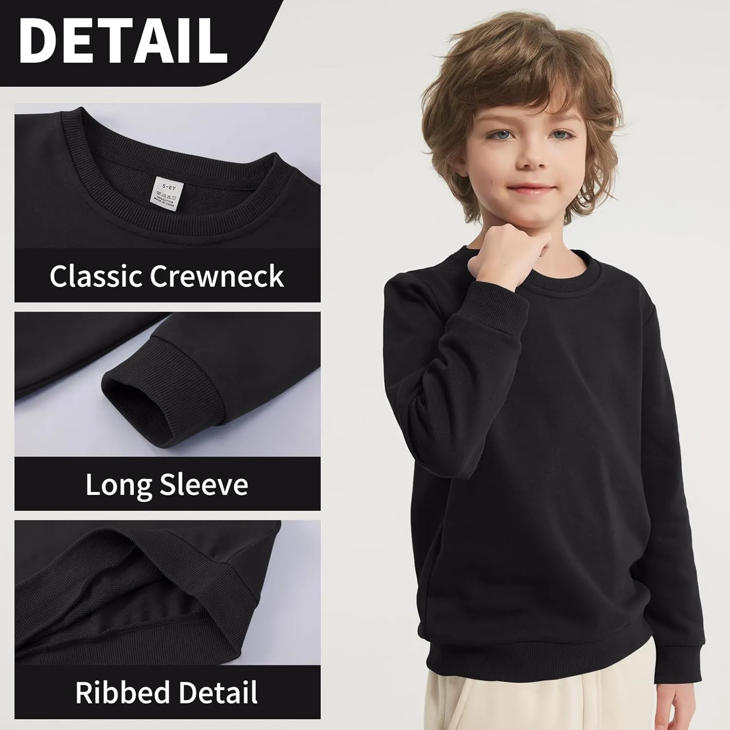 2-Pack Unisex Kids Crewneck Sweatshirt Long Sleeve Cotton Pullover Tops For Boys and Girls(Thin)