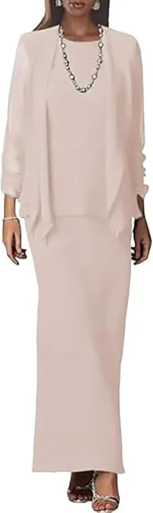 2 PCS Chiffon Mother of The Bride Dresses for Wedding Long Sleeve Evening Dresses for Women with Jacket