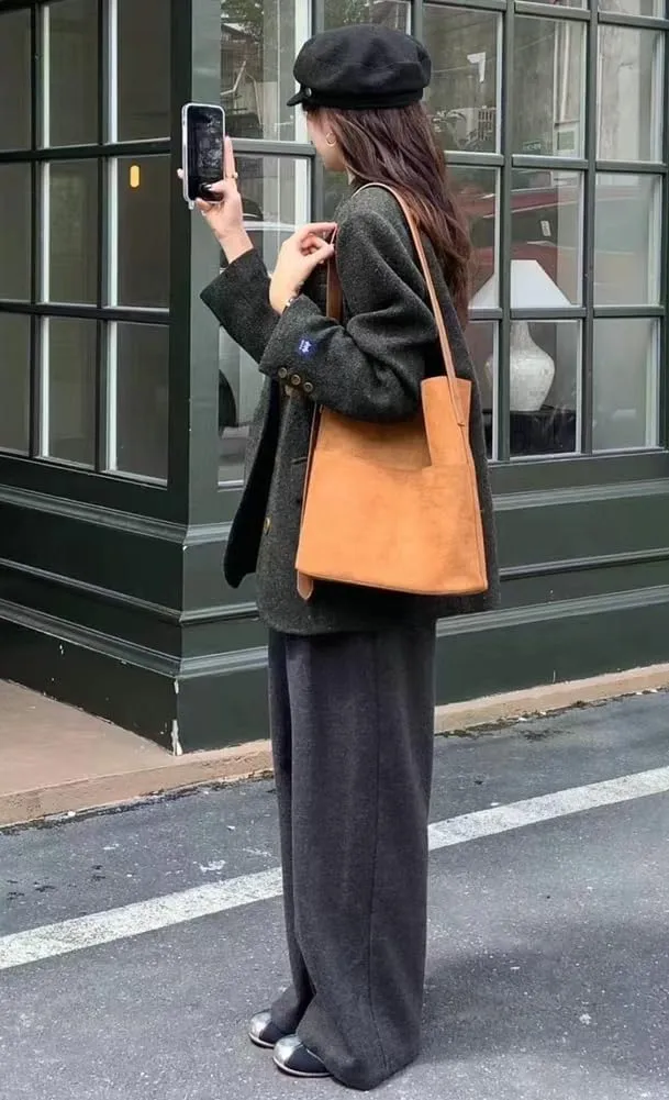 2 Pcs Slouchy Suede Bucket Bag Women Crescent Satchels Shoulder Bag Crossbody Purse Hobo Bags Top-handle Tote Handbag