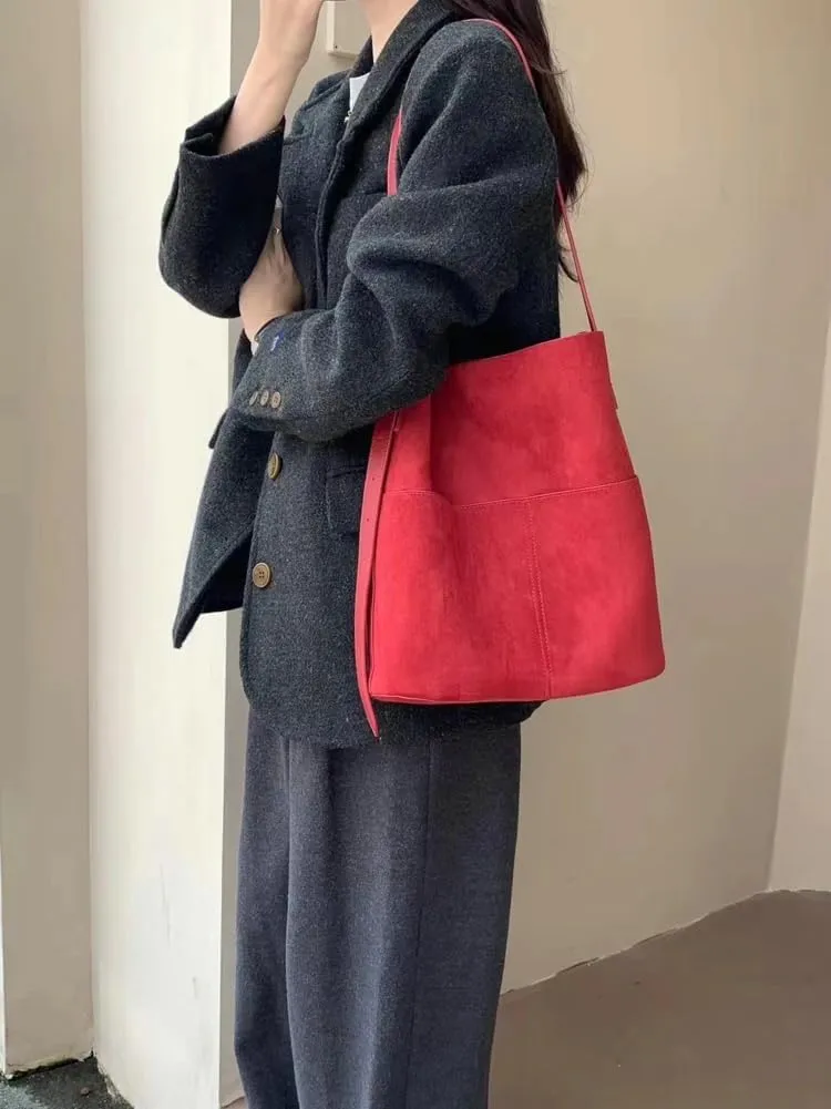 2 Pcs Slouchy Suede Bucket Bag Women Crescent Satchels Shoulder Bag Crossbody Purse Hobo Bags Top-handle Tote Handbag