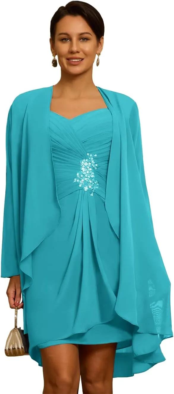 2 Piece Chiffon Mother of The Bride Dresses with Jackets Laces Applique Sequin Mother of The Groom Dresses