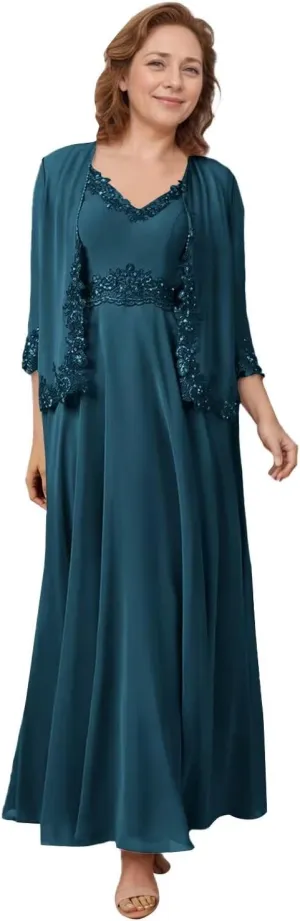 2 Piece Mother of The Bride Dresses Lace Chiffon V Neck Grandmother of The Groom Dresses