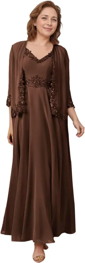 2 Piece Mother of The Bride Dresses Lace Chiffon V Neck Grandmother of The Groom Dresses