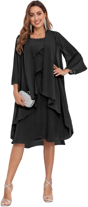 2 Pieces Mother of The Bride Dress for Wedding Knee Length Ruffles A-Line Chiffon Formal Gown with Jacket