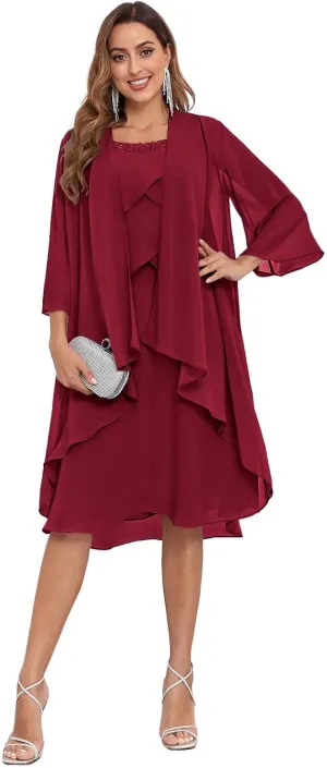 2 Pieces Mother of The Bride Dress for Wedding Knee Length Ruffles A-Line Chiffon Formal Gown with Jacket