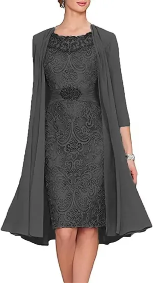 2 Pieces Tea Length Mother of The Bride Dresses with Jackets Lace Formal Evening Dress for Wedding