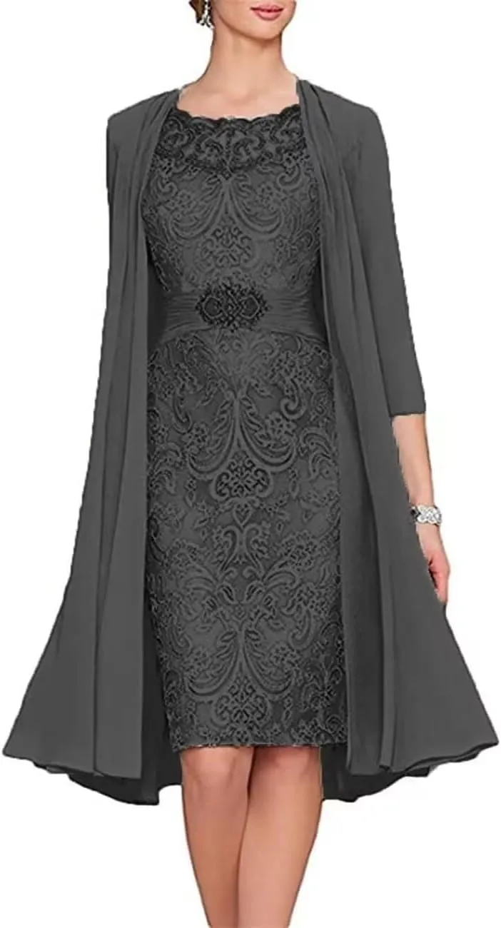 2 Pieces Tea Length Mother of The Bride Dresses with Jackets Lace Formal Evening Dress for Wedding