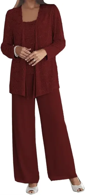 3 Pieces Mother of The Bride Pant Suits for Wedding Chiffon Sequin Pants Suits for Women Dressy with Jacket