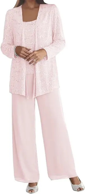 3 Pieces Mother of The Bride Pant Suits for Wedding Chiffon Sequin Pants Suits for Women Dressy with Jacket