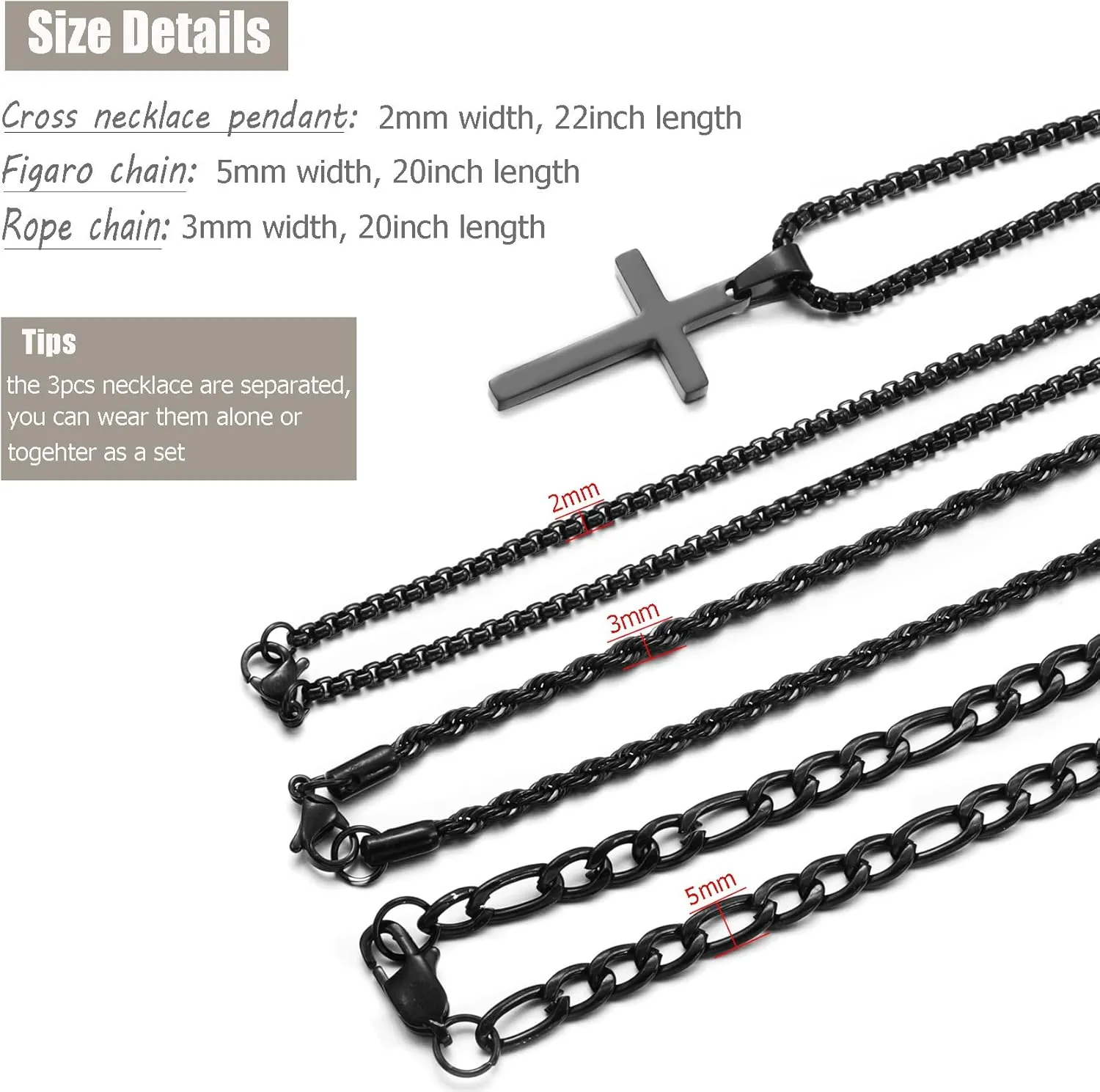 3Pcs Set Cross Necklace for Men, Mens Cross Necklace Cross Chain Layered Stainless Steel Rope Figaro Chains for Women Boys Gold Silver Black (20inch/22inch)