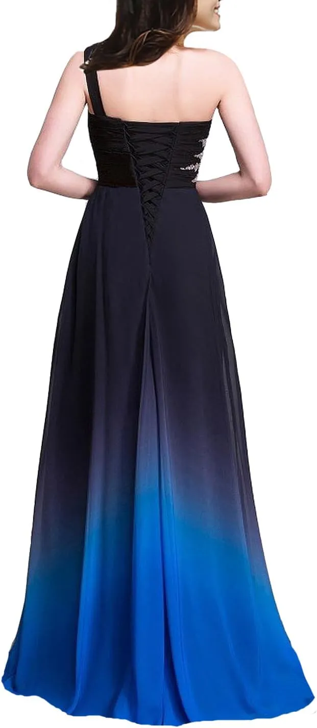 A Line Beaded One Shoulder Prom Dresses Long Formal Evening Gown Gradient Ombre Chiffon