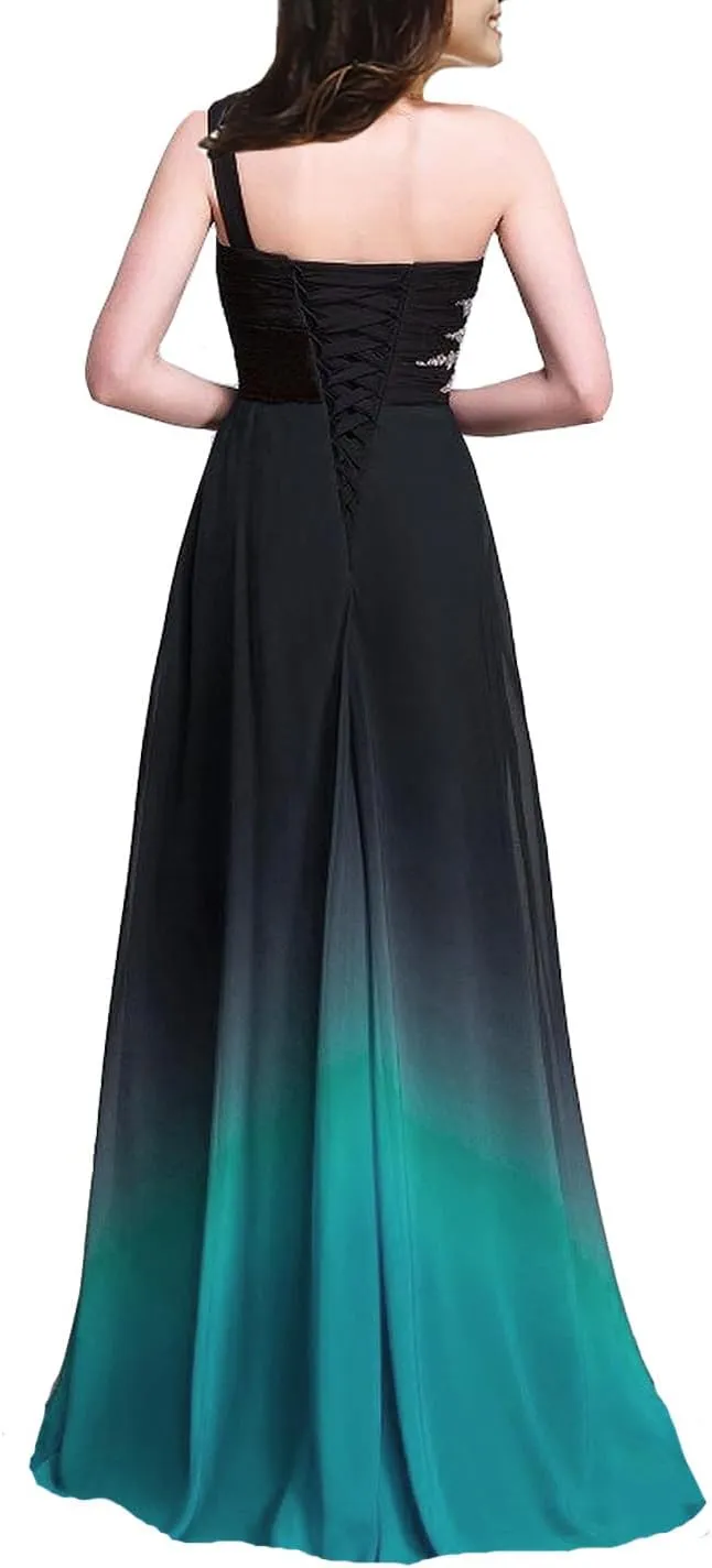 A Line Beaded One Shoulder Prom Dresses Long Formal Evening Gown Gradient Ombre Chiffon