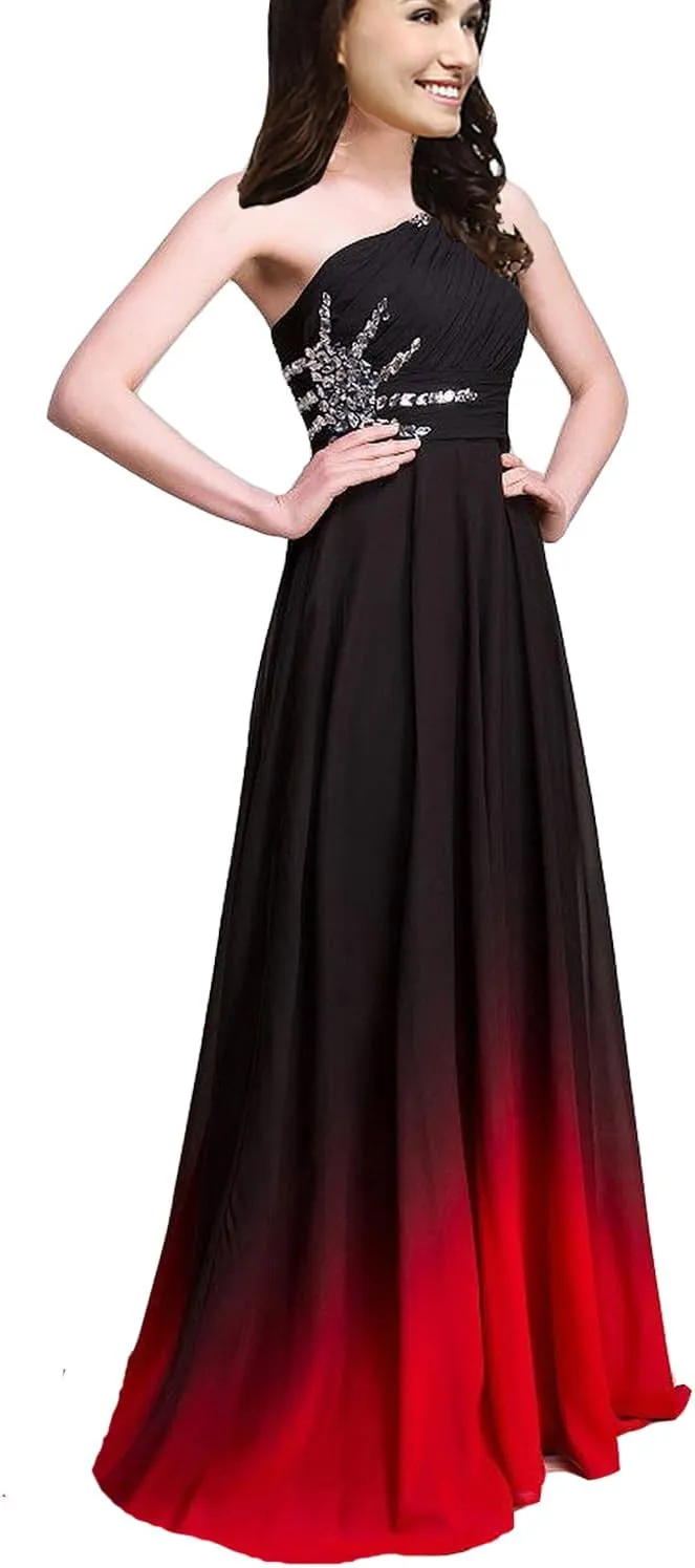 A Line Beaded One Shoulder Prom Dresses Long Formal Evening Gown Gradient Ombre Chiffon