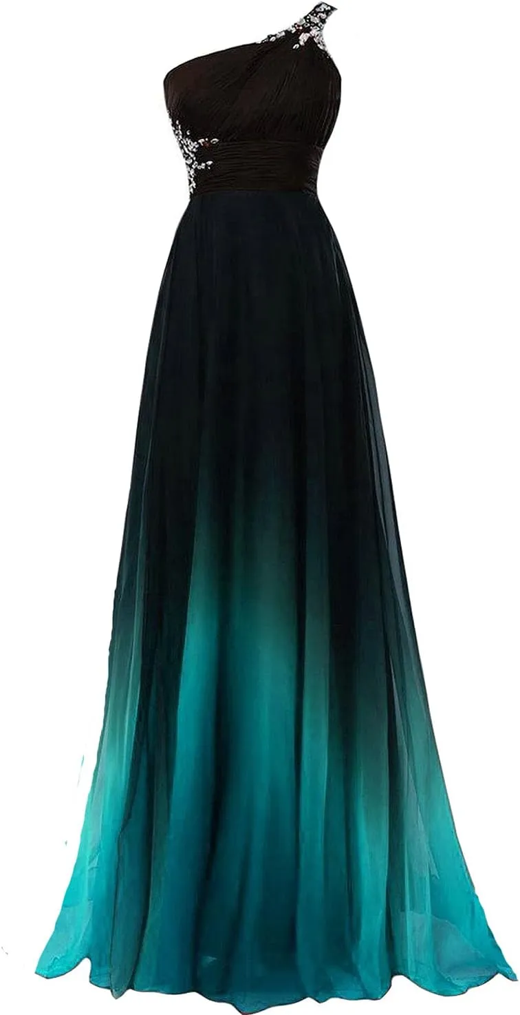 A Line Beaded One Shoulder Prom Dresses Long Formal Evening Gown Gradient Ombre Chiffon