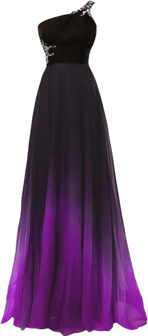 A Line Beaded One Shoulder Prom Dresses Long Formal Evening Gown Gradient Ombre Chiffon