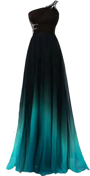 A Line Beaded One Shoulder Prom Dresses Long Formal Evening Gown Gradient Ombre Chiffon