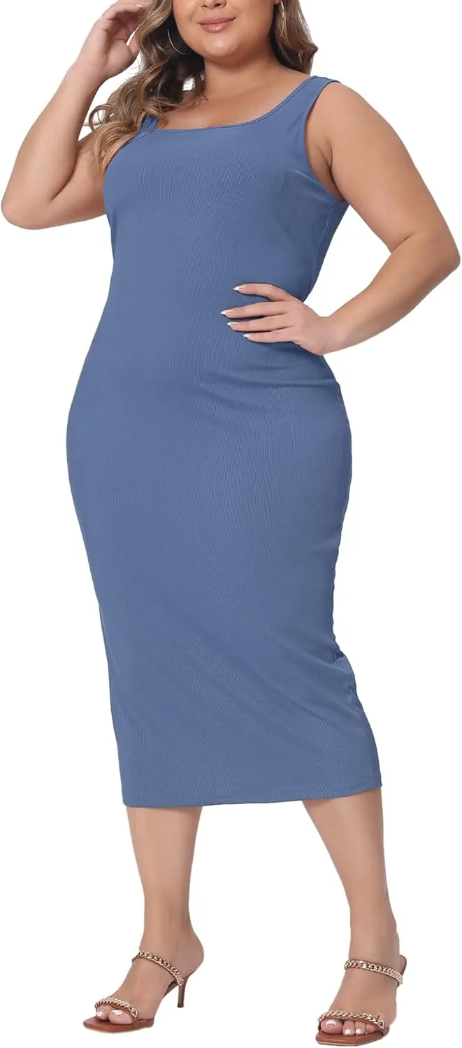 Agnes Orinda Plus Size Dress for Women Sleeveless Square Neck Bodycon Sundress Midi Tank Dress