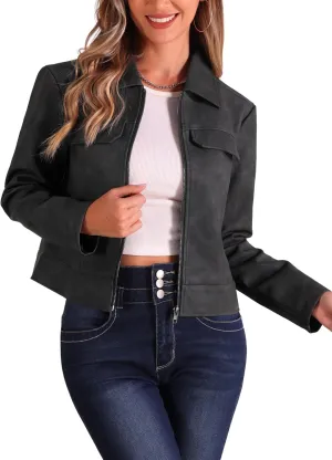 Allegra K Faux Leather Jackets for Women's Zip Up Vintage Distressed 2024 Fall Short PU Moto Biker Jacket