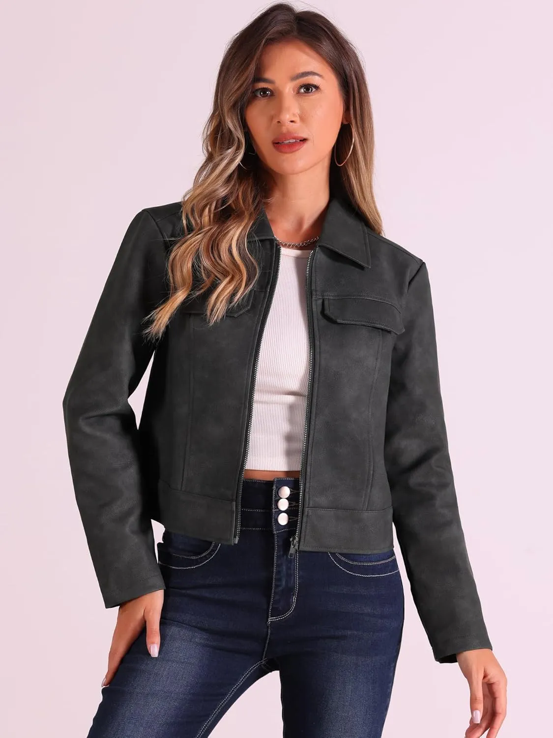 Allegra K Faux Leather Jackets for Women's Zip Up Vintage Distressed 2024 Fall Short PU Moto Biker Jacket