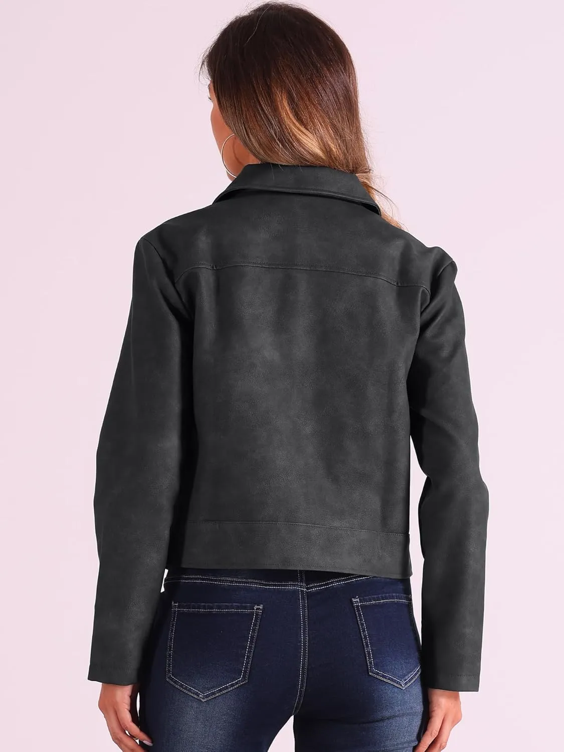 Allegra K Faux Leather Jackets for Women's Zip Up Vintage Distressed 2024 Fall Short PU Moto Biker Jacket