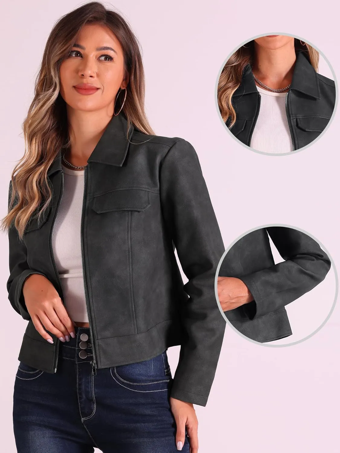 Allegra K Faux Leather Jackets for Women's Zip Up Vintage Distressed 2024 Fall Short PU Moto Biker Jacket