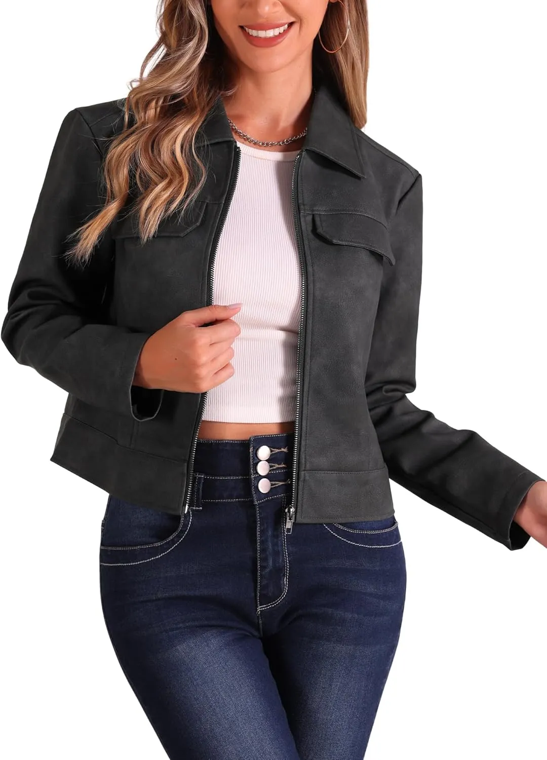Allegra K Faux Leather Jackets for Women's Zip Up Vintage Distressed 2024 Fall Short PU Moto Biker Jacket
