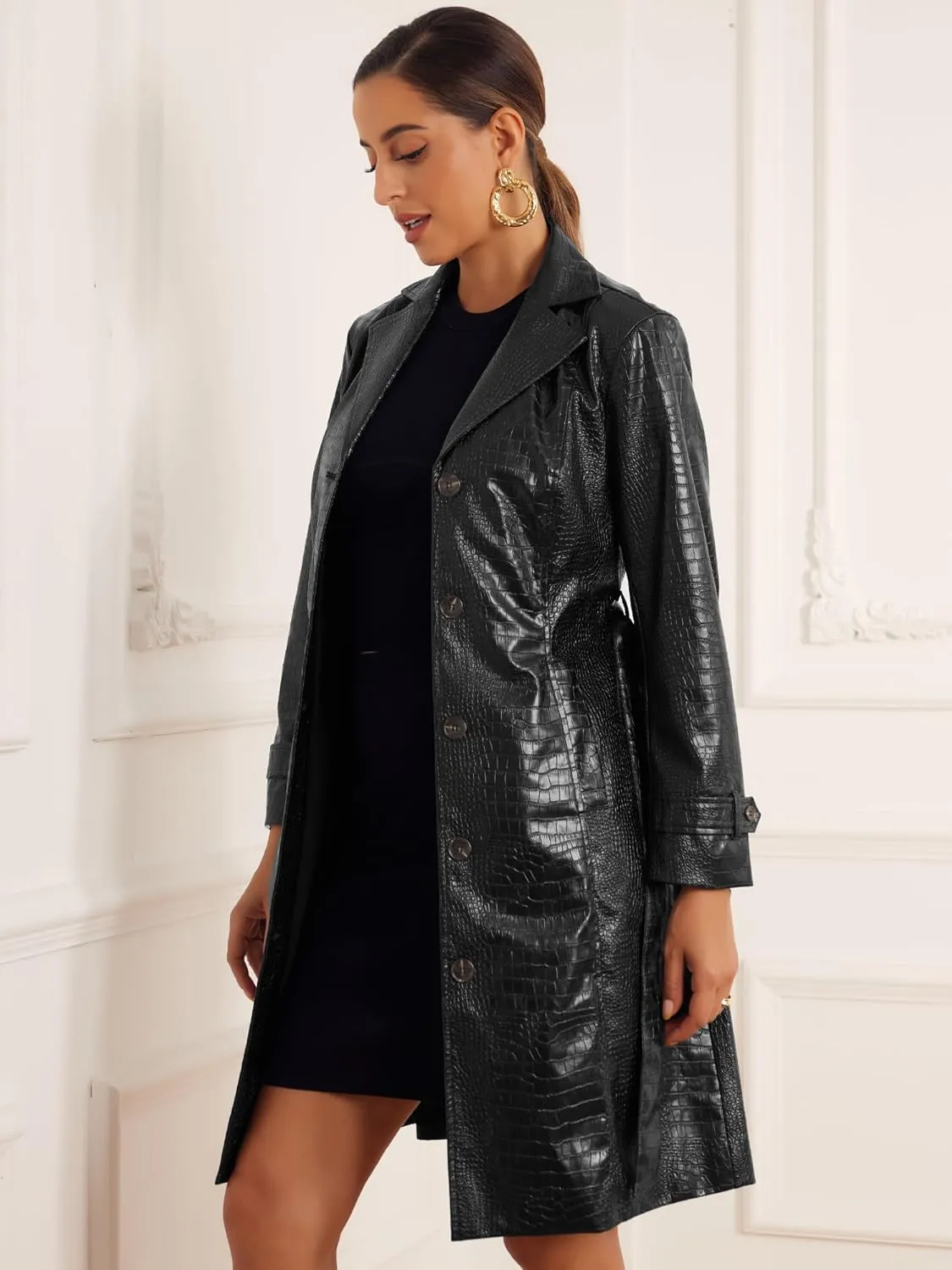 Allegra K Pu Leather Long Trench Coat with Belt for Women's Casual Lapel Open Front Faux Leather Jackets