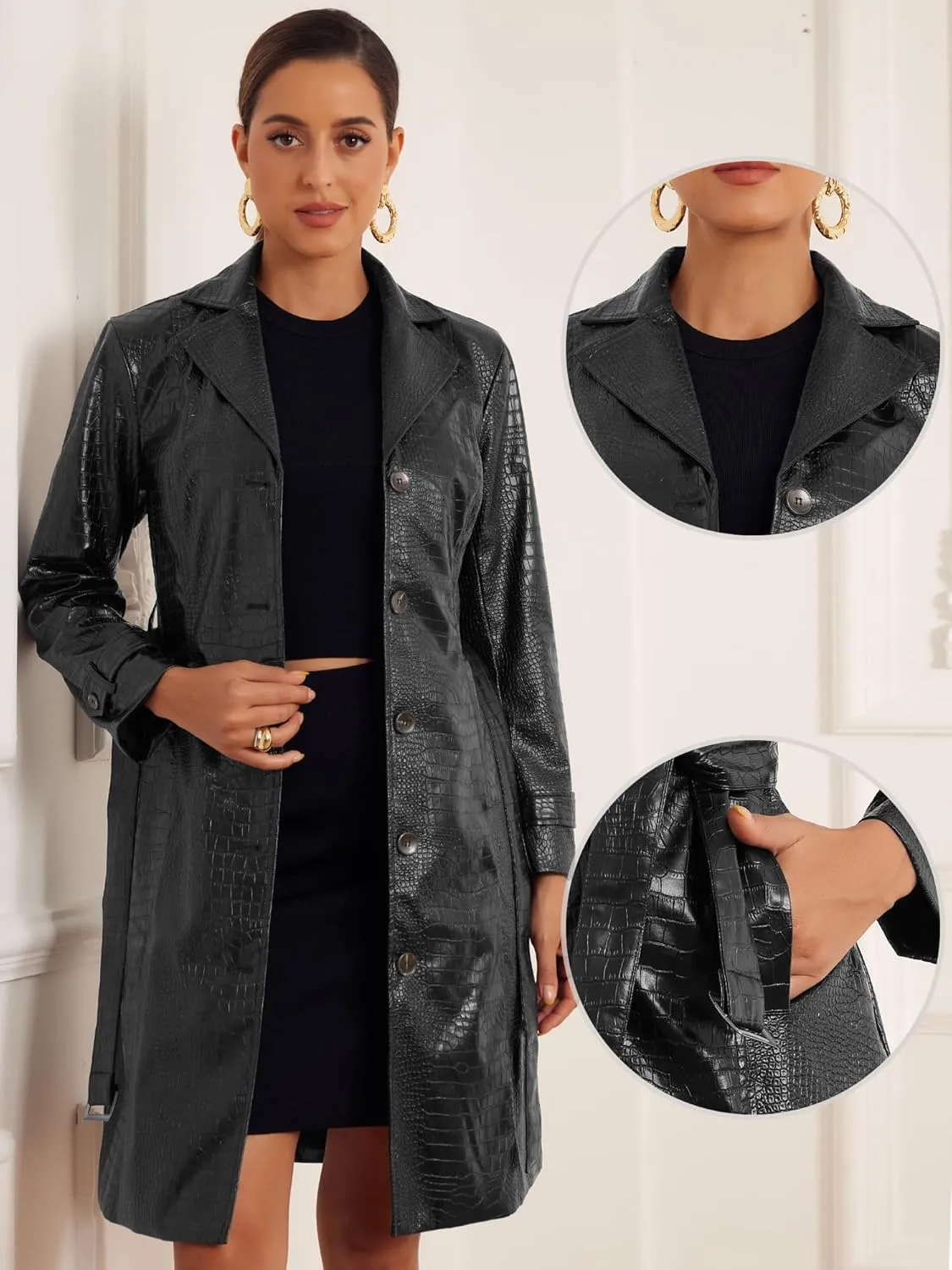 Allegra K Pu Leather Long Trench Coat with Belt for Women's Casual Lapel Open Front Faux Leather Jackets