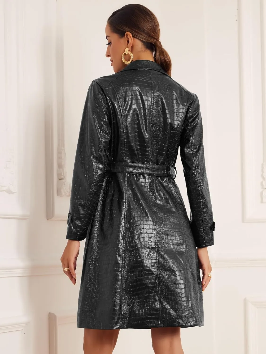Allegra K Pu Leather Long Trench Coat with Belt for Women's Casual Lapel Open Front Faux Leather Jackets