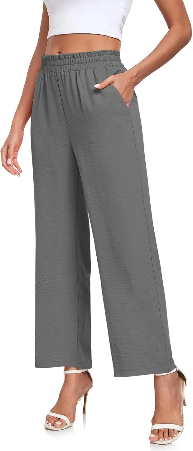 Anydeer Women Pants Loose Wide Leg Trousers Straight Casual Dressy Palazzo Ruffle High Waist Slacks with Pockets