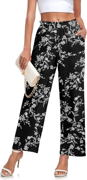 Anydeer Women Pants Loose Wide Leg Trousers Straight Casual Dressy Palazzo Ruffle High Waist Slacks with Pockets