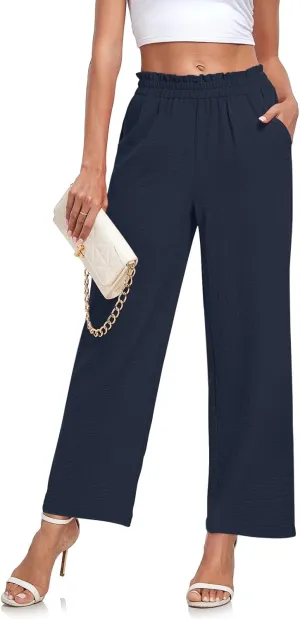 Anydeer Women Pants Loose Wide Leg Trousers Straight Casual Dressy Palazzo Ruffle High Waist Slacks with Pockets