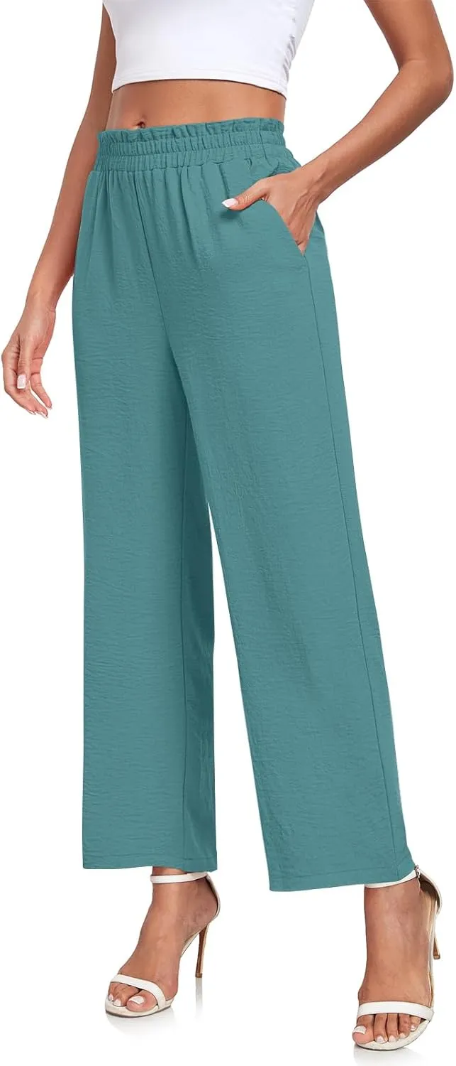 Anydeer Women Pants Loose Wide Leg Trousers Straight Casual Dressy Palazzo Ruffle High Waist Slacks with Pockets