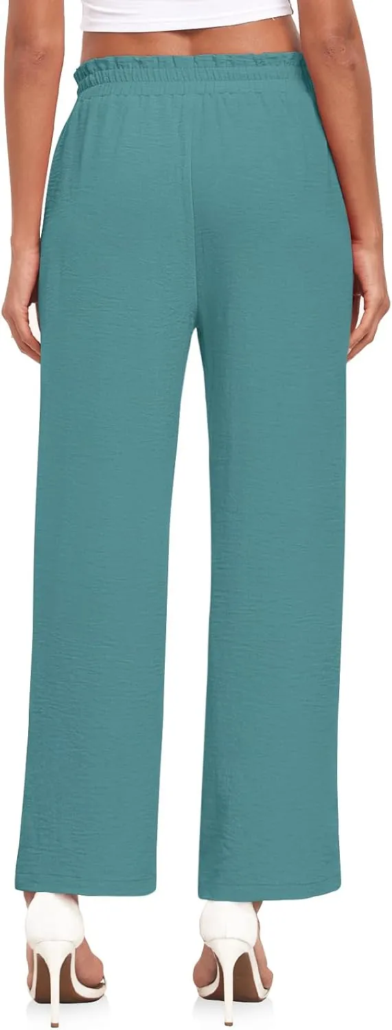 Anydeer Women Pants Loose Wide Leg Trousers Straight Casual Dressy Palazzo Ruffle High Waist Slacks with Pockets