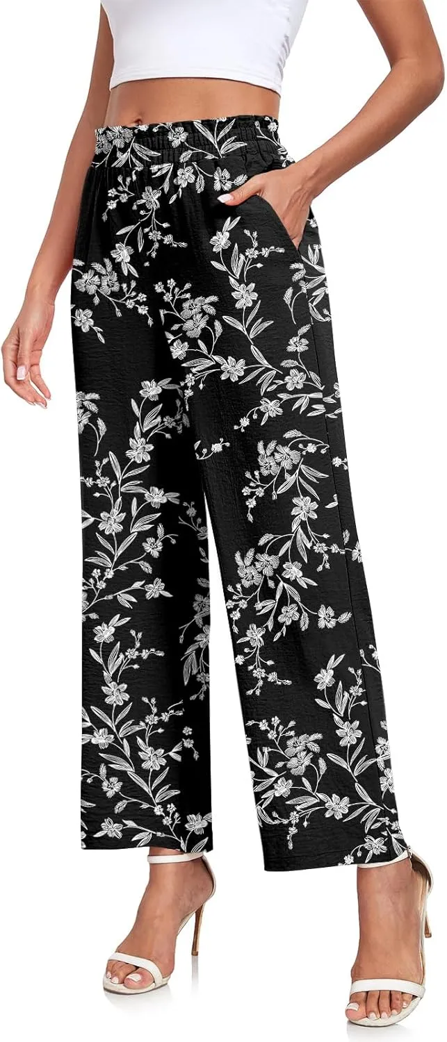 Anydeer Women Pants Loose Wide Leg Trousers Straight Casual Dressy Palazzo Ruffle High Waist Slacks with Pockets