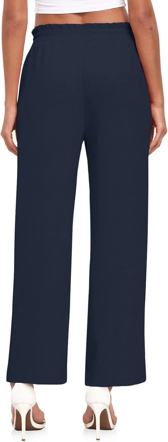 Anydeer Women Pants Loose Wide Leg Trousers Straight Casual Dressy Palazzo Ruffle High Waist Slacks with Pockets