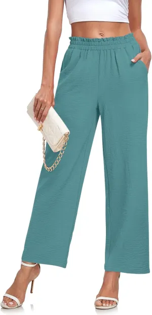 Anydeer Women Pants Loose Wide Leg Trousers Straight Casual Dressy Palazzo Ruffle High Waist Slacks with Pockets