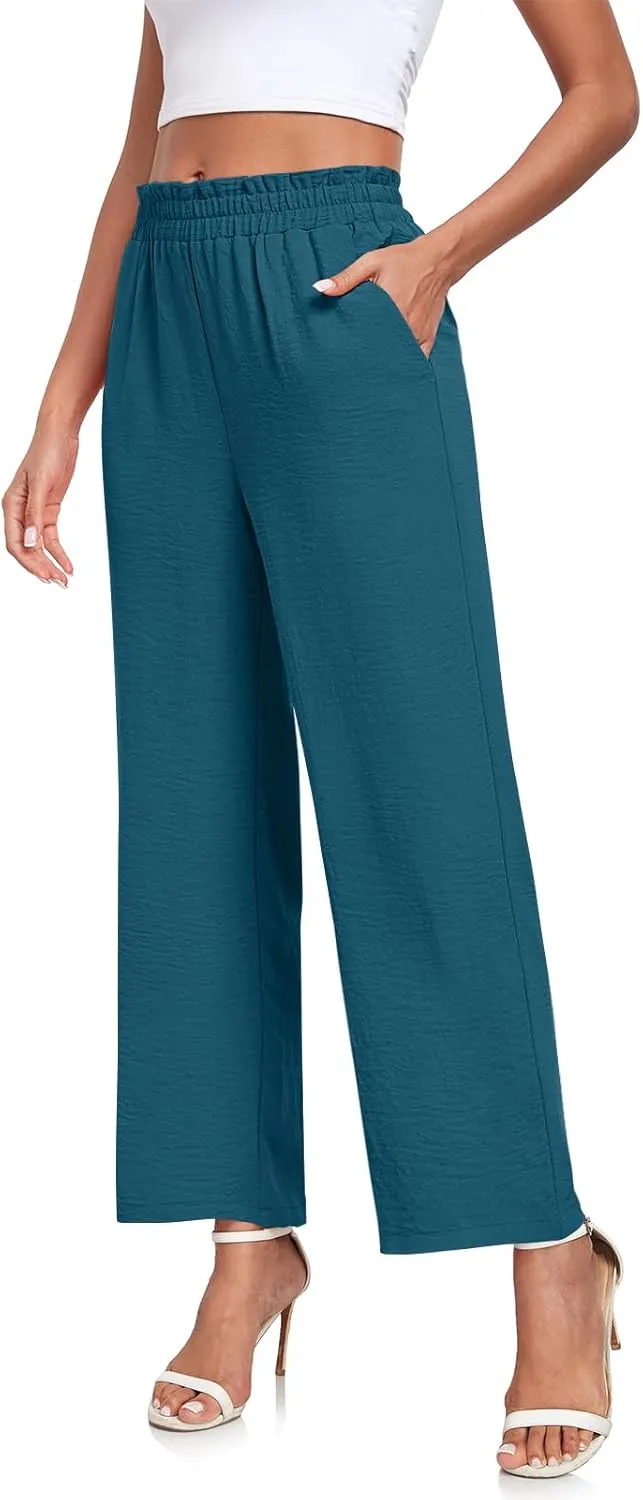 Anydeer Women Pants Loose Wide Leg Trousers Straight Casual Dressy Palazzo Ruffle High Waist Slacks with Pockets
