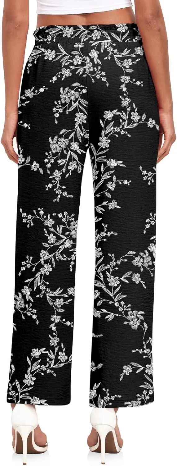 Anydeer Women Pants Loose Wide Leg Trousers Straight Casual Dressy Palazzo Ruffle High Waist Slacks with Pockets