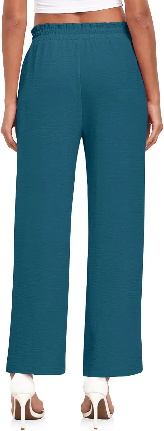 Anydeer Women Pants Loose Wide Leg Trousers Straight Casual Dressy Palazzo Ruffle High Waist Slacks with Pockets