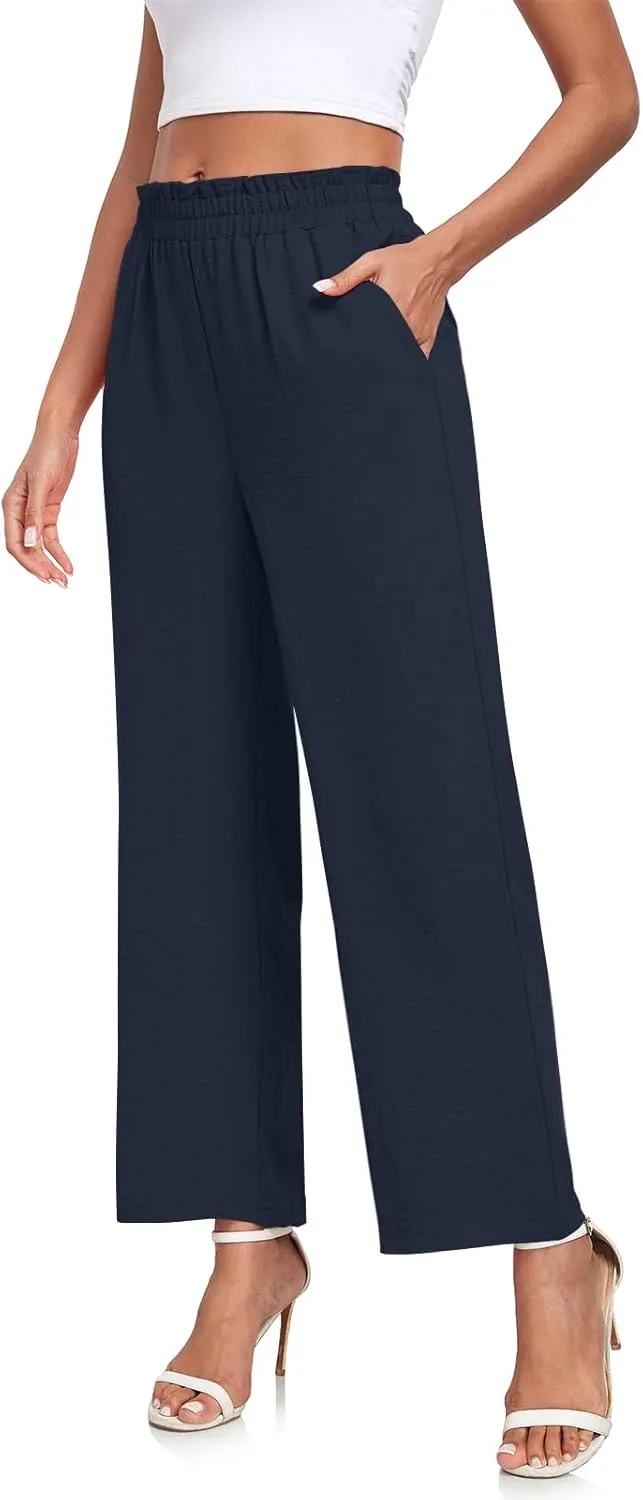 Anydeer Women Pants Loose Wide Leg Trousers Straight Casual Dressy Palazzo Ruffle High Waist Slacks with Pockets
