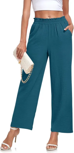 Anydeer Women Pants Loose Wide Leg Trousers Straight Casual Dressy Palazzo Ruffle High Waist Slacks with Pockets
