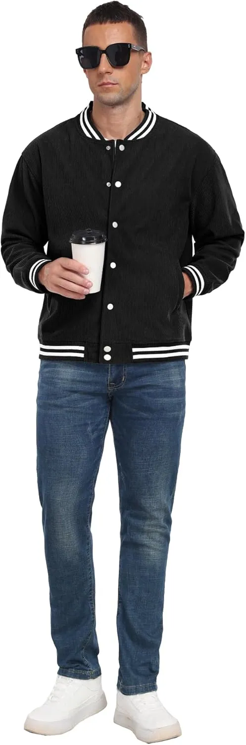 Askdeer Men's Varsity Jacket Bomber Long Sleeve Causal Jacket Baseball Corduroy Coat