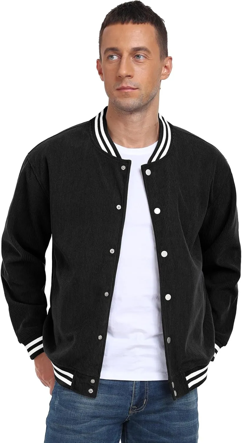 Askdeer Men's Varsity Jacket Bomber Long Sleeve Causal Jacket Baseball Corduroy Coat
