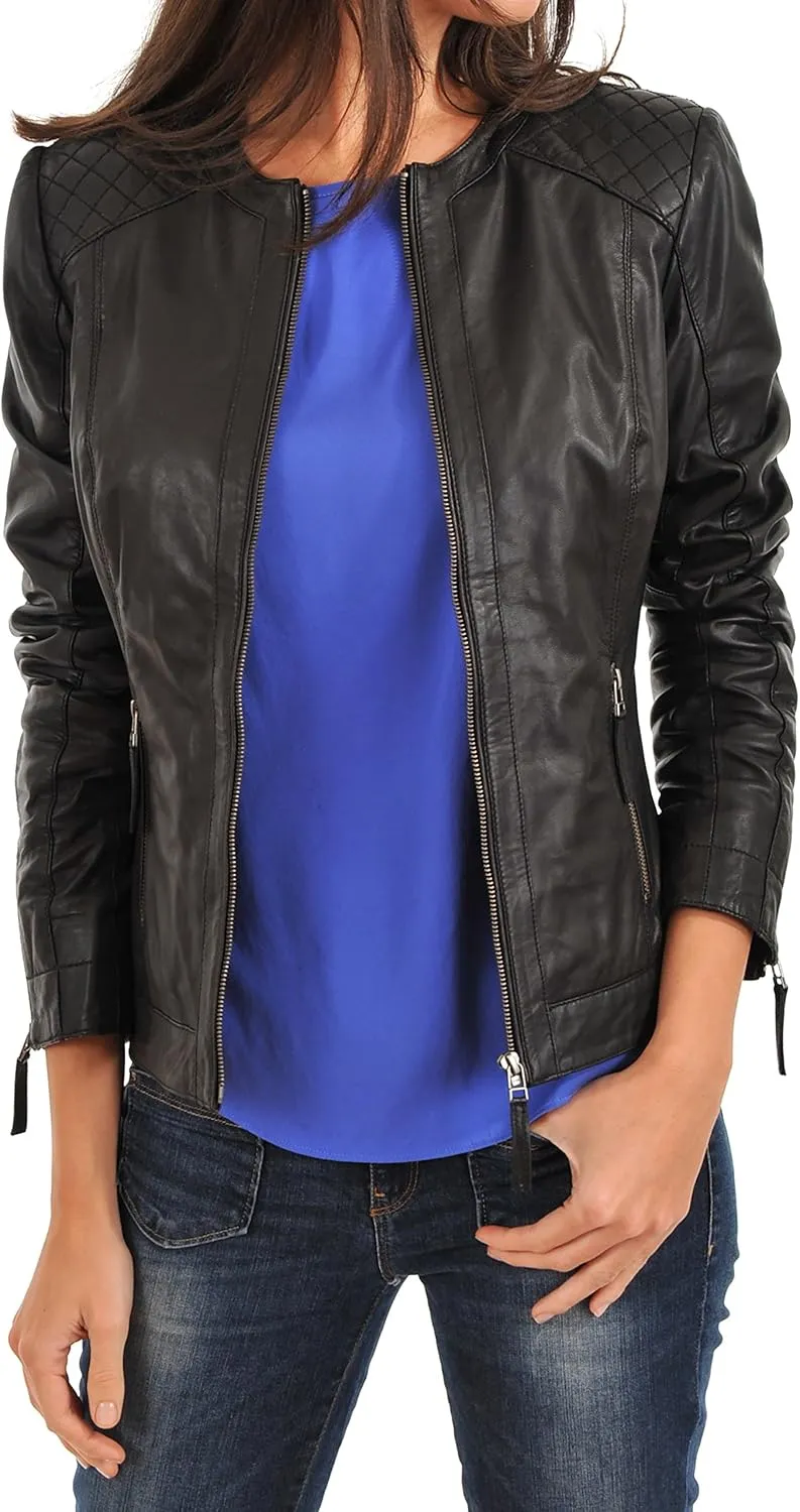 Azrah 100% Leather Jacket for Women - Collarless Deep Neck & Slim Fit - Moto, Bomber, Biker Winter Casual Wear