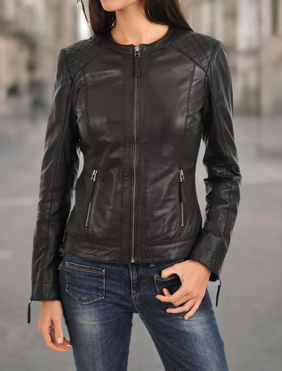Azrah 100% Leather Jacket for Women - Collarless Deep Neck & Slim Fit - Moto, Bomber, Biker Winter Casual Wear