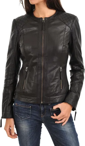 Azrah 100% Leather Jacket for Women - Collarless Deep Neck & Slim Fit - Moto, Bomber, Biker Winter Casual Wear
