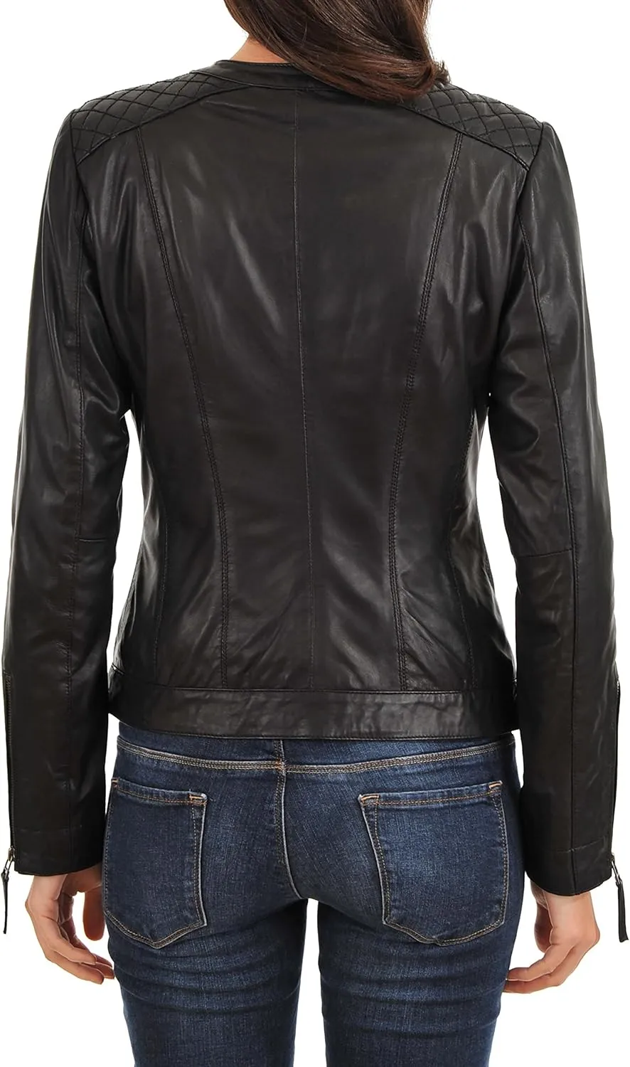 Azrah 100% Leather Jacket for Women - Collarless Deep Neck & Slim Fit - Moto, Bomber, Biker Winter Casual Wear