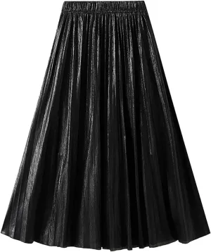 BAIMORE Women's Elegant Glitter Metallic Elastic Waist A Line Swing Accordion Pleated Midi Skirt